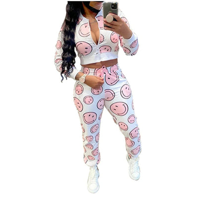 MB FASHION Smiley Face Print Cropped Jacket and Jogger Set 8243R XL ONLY