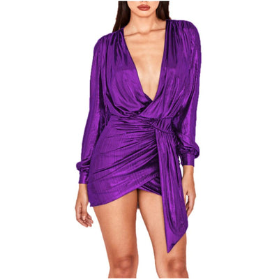 MB FASHION Metallic Plunge Neck Mini Dress with Ruched Knot Detail 8449