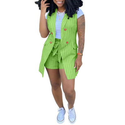 MB FASHION Pinstripe Vest and Shorts Set with Belted Waist 5505R