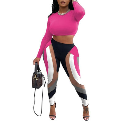 MB FASHION Geometric Panel Crop Top and High-Waisted Leggings Set 12438R
