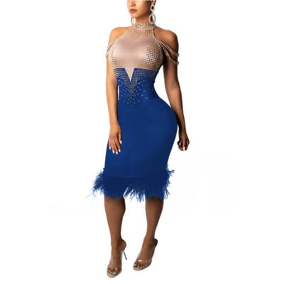 MB FASHION Embellished Halter Feather Trim Bodycon Party Dress 7853 LAST S