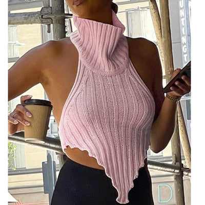 MB FASHION Ribbed Halter Knit Top with Asymmetrical Hemline 9805AT