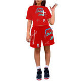 MB FASHION Graphic Print Tee and Shorts Two-Piece Casual Set 6107R