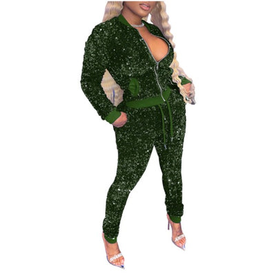 MB FASHION Shimmering Two-Piece Jogger Set with Zip-Up Jacket 8023R