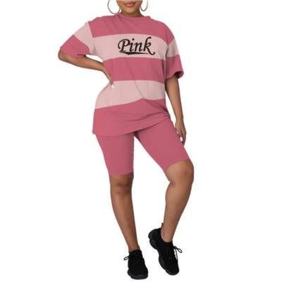 MB FASHION Striped Oversized Tee and Biker Shorts Set with Text Print 7154R