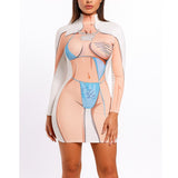 MB FASHION Bikini Print Long Sleeve Bodycon Dress 210AT