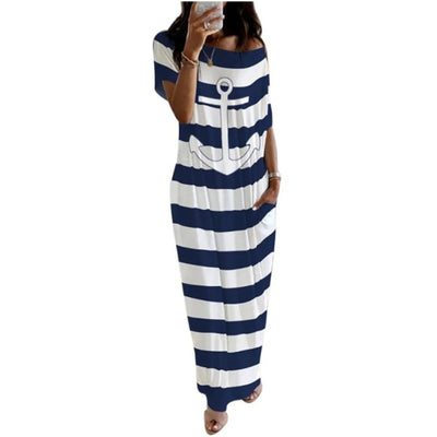 MB FASHION Striped Off-Shoulder Maxi Dress with Anchor Graphic 7464