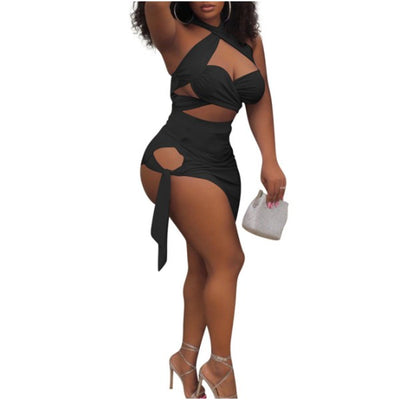 MB FASHION Crisscross Halter Top and Tie-Side Mini Skirt Set 248R LAST L