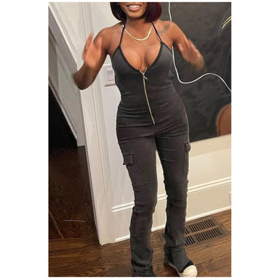 MB FASHON Utility Halter Jumpsuit with Zipper and Side Pockets 6464T