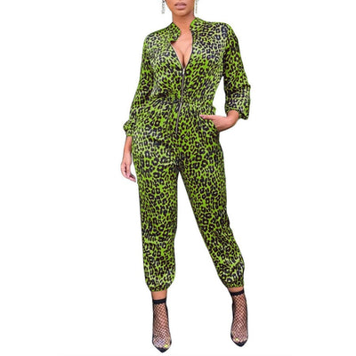 MB FASHION Zipper Front Leopard Print Utility Jumpsuit 3833