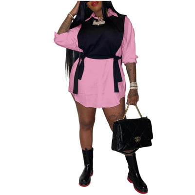 MB FASHION Chic Layered Shirt Dress with Side Tie Overlay 0085T