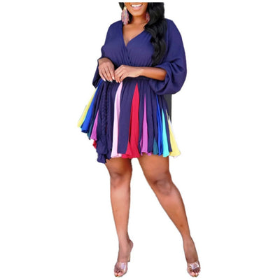 MB FASHION V-Neck Ruffle Dress with Braided Belt and Long Sleeves 0858R