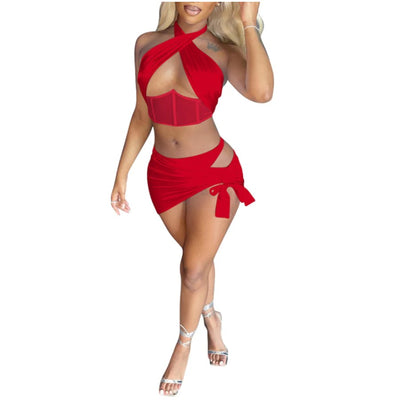 MB FASHION Halter Crop Top and Ruched Mini Skirt Set 292T