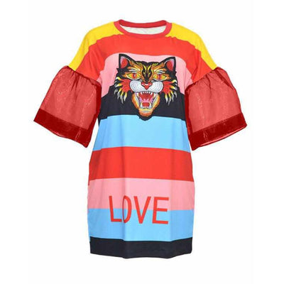 MB FASHION Striped Tiger Graphic Top with Puffed Lace Sleeves 979