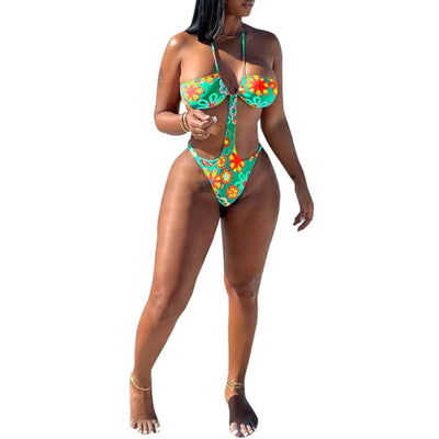 MB FASHION Halter Neck Cut-Out One-Piece Swimsuit with Floral Print 5162T