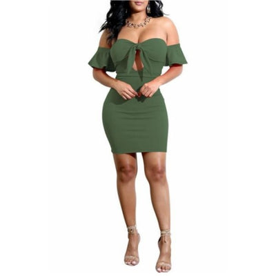 MB FASHION Off-Shoulder Tie-Front Mini Dress with Ruffle Sleeves 6001