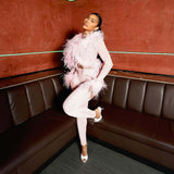 MB FASHION Feather Trim Sheer Jumpsuit Set 65