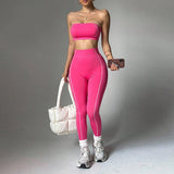 MB FASHION Strapless Bandeau Crop Top & High-Waisted Leggings Activewear Set 2425