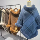 Every Fashion Plaid Faux Fur Trim Poncho with Elegant Drape