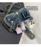 EVERY FASHION Distressed Denim Multi-Pocket Shoulder Bag with Hardware Details
