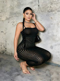 MB FASHION Black Spaghetti Strap Laser-Cut Spiral Mesh Bodycon Midi Dress 7117