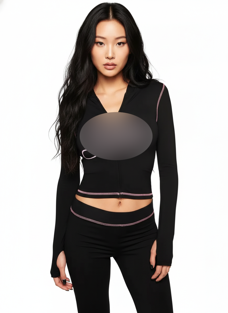 MB FASHION Women’s Contrast-Stitch Two-Piece Set – Long Sleeve Cropped Zip-Up Hoodie & High-Waist Flared Leggings 5071