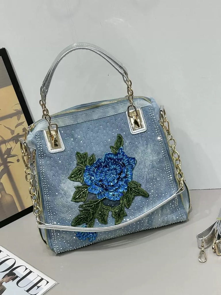 EVERY FASHION Denim Rhinestone Embroidered Floral Handbag