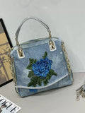 EVERY FASHION Denim Rhinestone Embroidered Floral Handbag