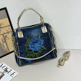 EVERY FASHION Denim Rhinestone Embroidered Floral Handbag