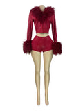 MB FASHION Faux-Fur Trim Cropped Jacket and Shorts Set 5073