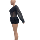 MB FASHION Sheer Mesh Long Sleeve Corset Romper with Tiered Ruffles 8207