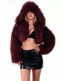 EVERY FASHION Cropped Shaggy Faux Fur Jacket with Oversized Hood