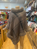 Every Fashion Plaid Faux Fur Trim Poncho with Elegant Drape