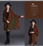 Every Fashion Elegant Fringe Trim Poncho Wrap with Classic Stripe Accent