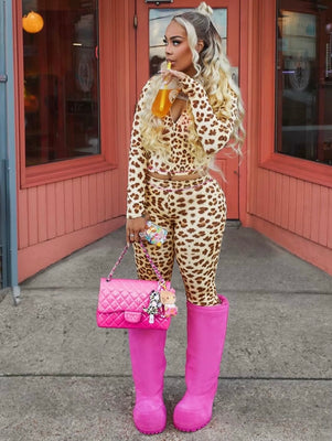 MB FASHION Two-Piece Leopard Print Long Sleeve Zip-Up Top & High-Waist Flare Pants Set 5012