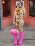 MB FASHION Two-Piece Leopard Print Long Sleeve Zip-Up Top & High-Waist Flare Pants Set 5012