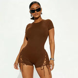 MB FASHION Short Sleeve Lace-Up Side Romper – Crew Neck Ribbed Short Jumpsuit 027