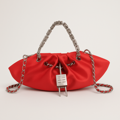 EVERY FASHION Luxury Ruched Satin Handbag with Chain Strap and Padlock Detail 5510
