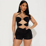 MB FASHION Cut-Out Halter Romper – Ruched High-Waist Short Jumpsuit