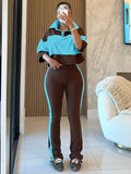 MB FASHION Two-Piece Colorblock Polo Crop and Flare Set 6036