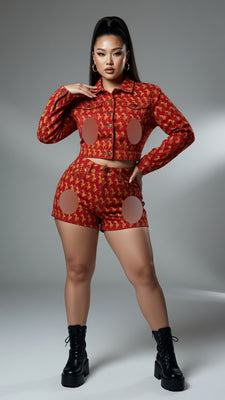 MB FASHION Embroidered Pattern Denim Crop Jacket & Shorts Matching Set 8030