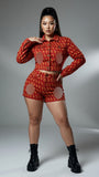 MB FASHION Embroidered Pattern Denim Crop Jacket & Shorts Matching Set 8030