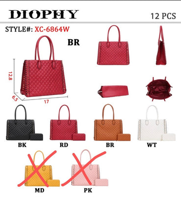 EVERY FASHION Quilted Structured Tote Bag with Studded Detailing and Matching Wallet XC-6864W