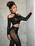MB FASHION Black Geometric Mesh Cold-Shoulder Crop Top & High-Waist Leggings Set 7118