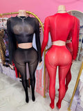 MB FASHION Sheer Mesh Mock-Neck Crop Top & High-Waist Tights Set 1477
