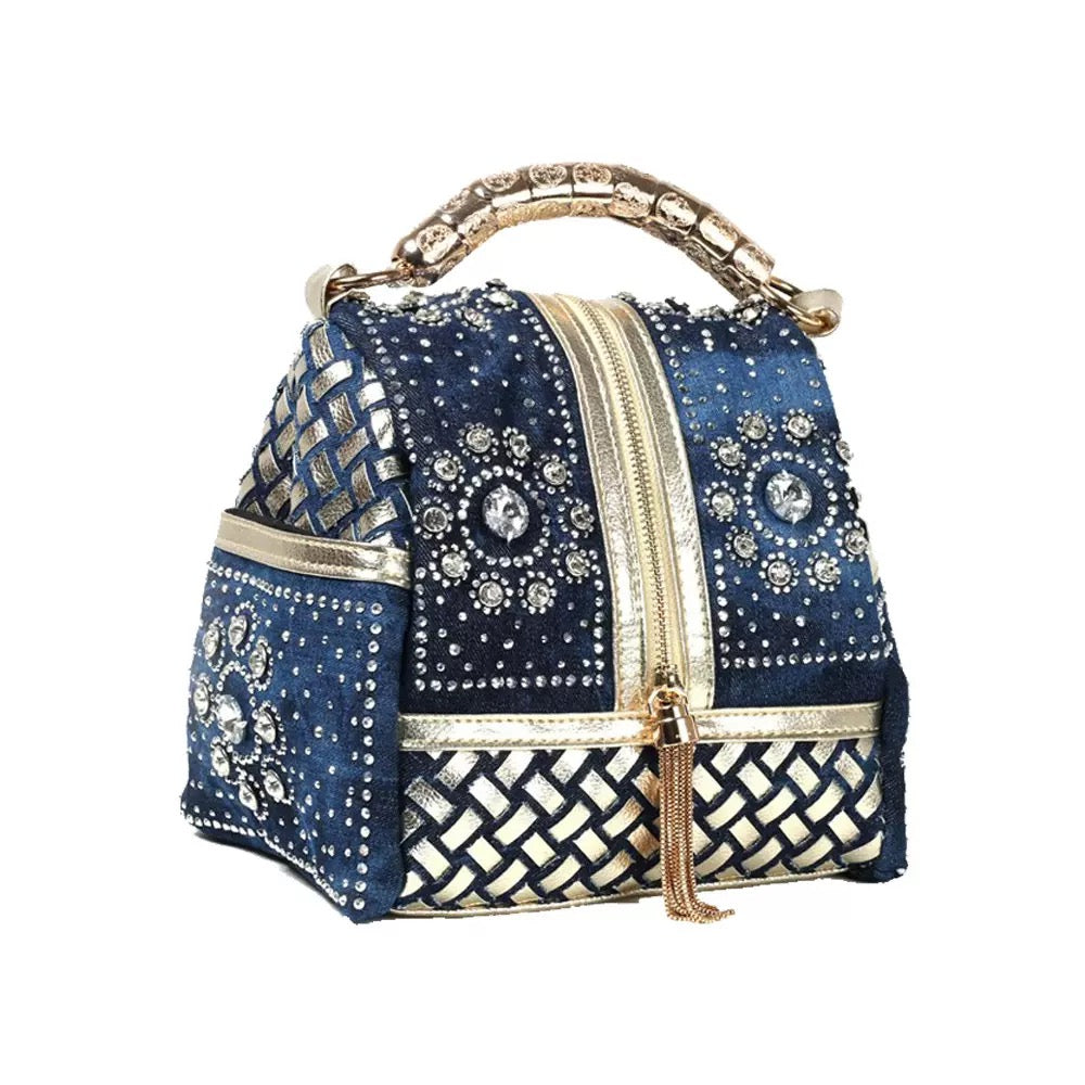 Every Fashion Luxury Dark Blue Denim Rhinestone Satchel