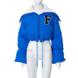 MB FASHION Letter Patch Cropped Puffer Jacket with Fleece Collar 392