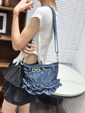 EVERY FASHION Denim Ruffle Bag – Upcycled Jean Shoulder Bag with Rhinestone Glasses Charm