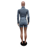 MB FASHION Long Sleeve Denim Romper Button Up Collared Jumpsuit Shorts 88538