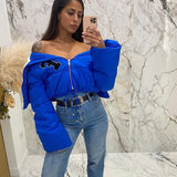 MB FASHION Letter Patch Cropped Puffer Jacket with Fleece Collar 392